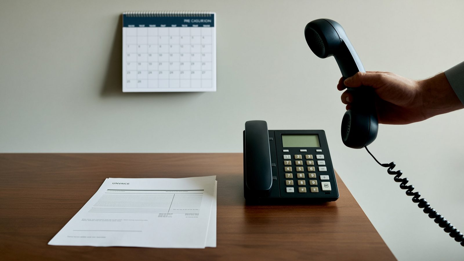A desk with an unpaid invoice and a desk phone mid-call, a hand reaching for the handset.