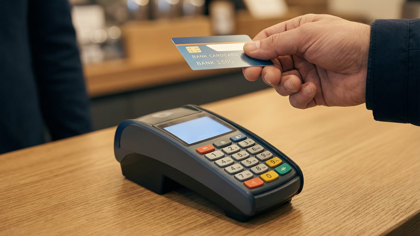 A card payment terminal on a counter, a hand holding a bank card just above it.