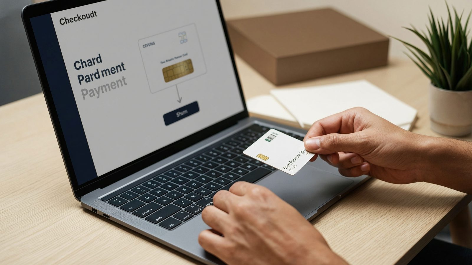 Hands at a laptop completing a card payment, a bank card held between fingers.