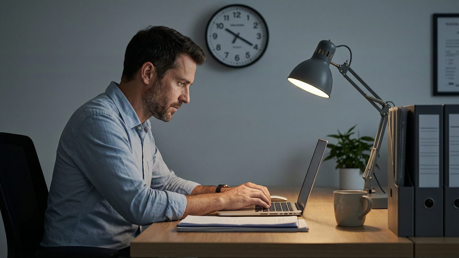 A professional working late at a laptop with a wall clock out of focus behind.
