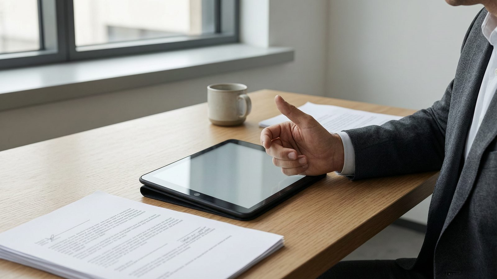 A hand approving an item on a tablet at a tidy desk beside a stack of signed papers.