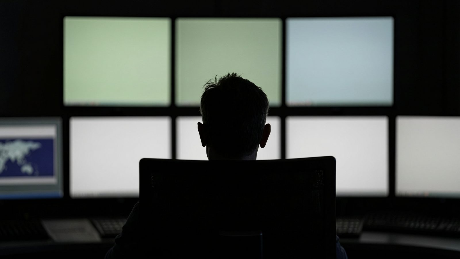 An operator seated before a bank of monitors in a control room, silhouetted against the screen light.
