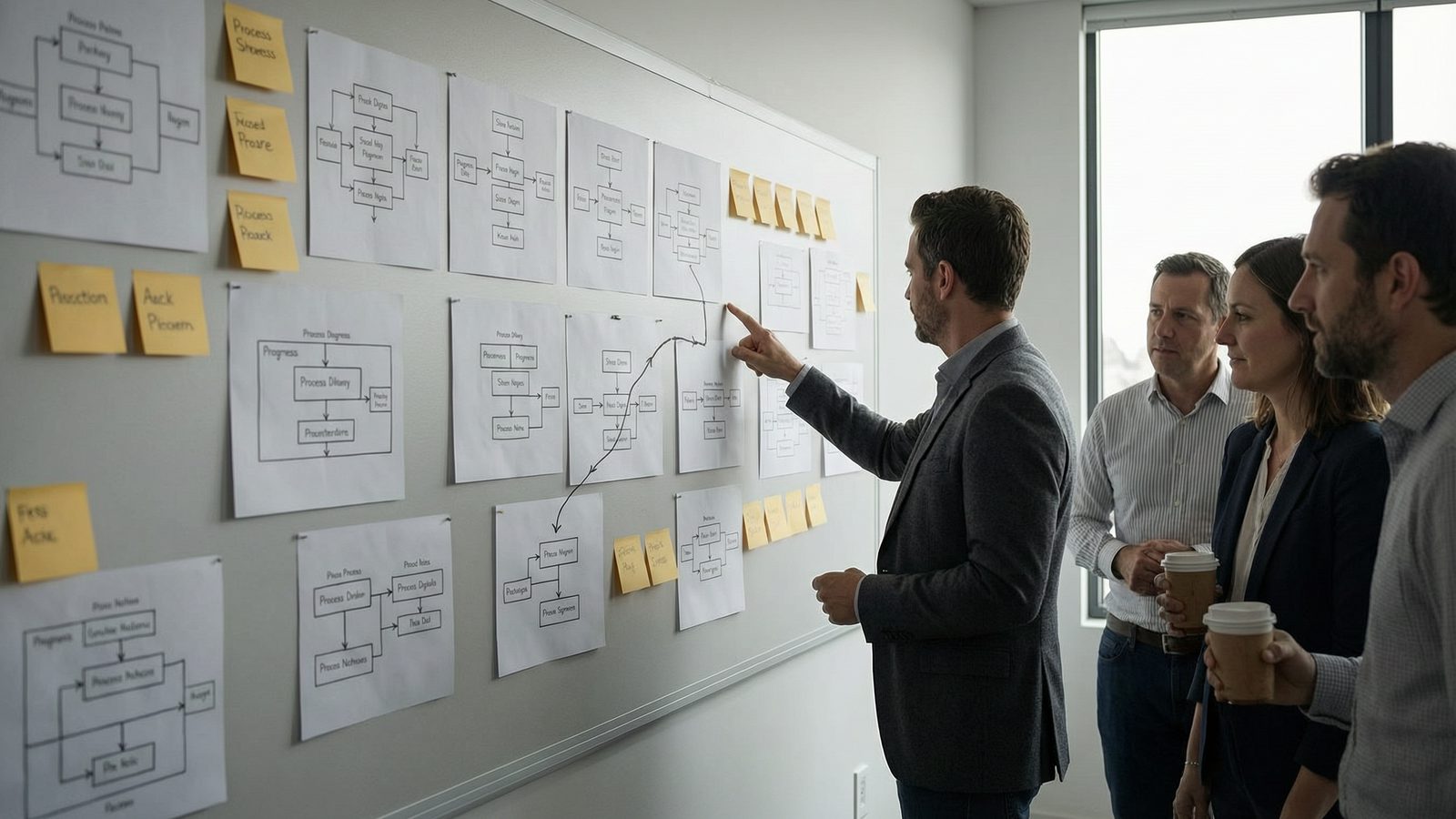 A team at a wall of printed process diagrams and sticky notes, one tracing a path with a finger.