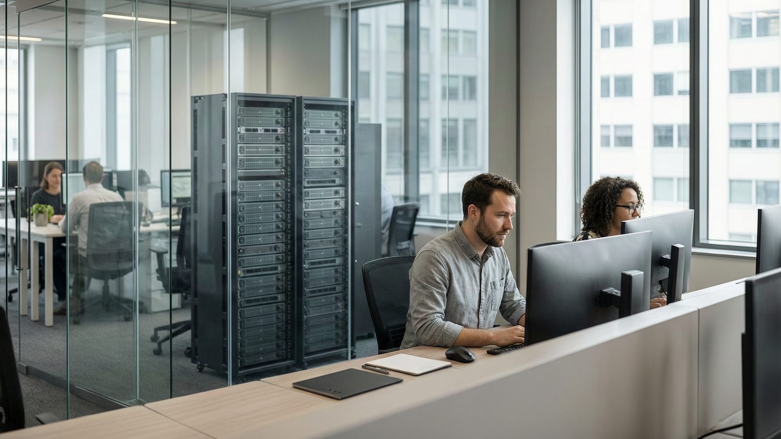 A person working at a workstation with server hardware visible through a glass partition behind.