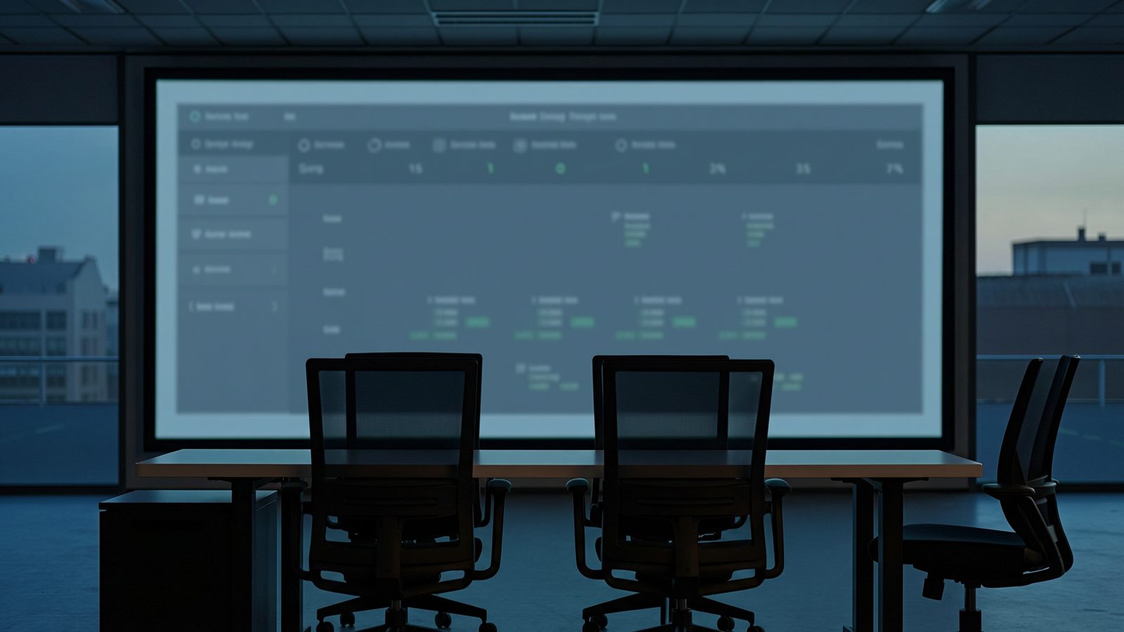 A large wall monitor glowing in an empty office at dusk, chairs unoccupied.