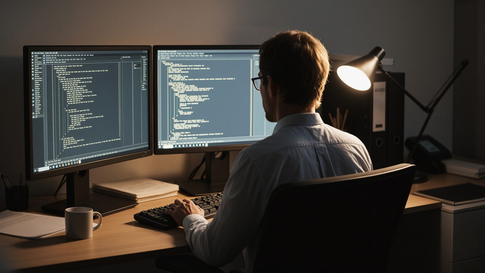 An engineer at dual monitors reviewing code late in the day, lit by a desk lamp.