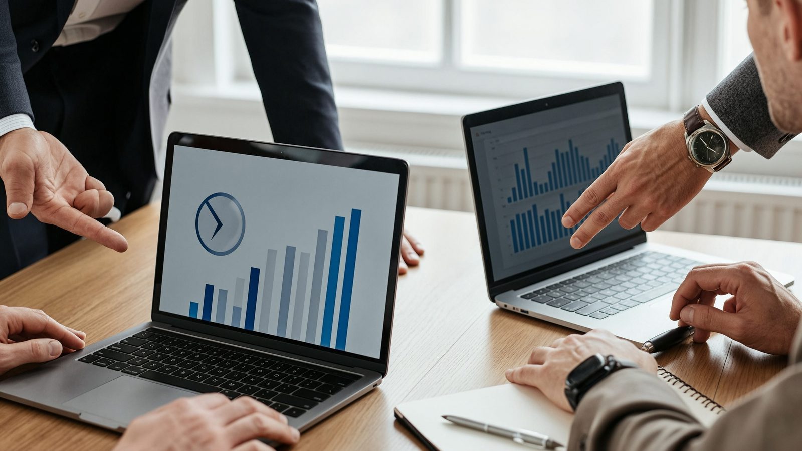 Colleagues in a meeting room comparing figures on two laptops side by side.