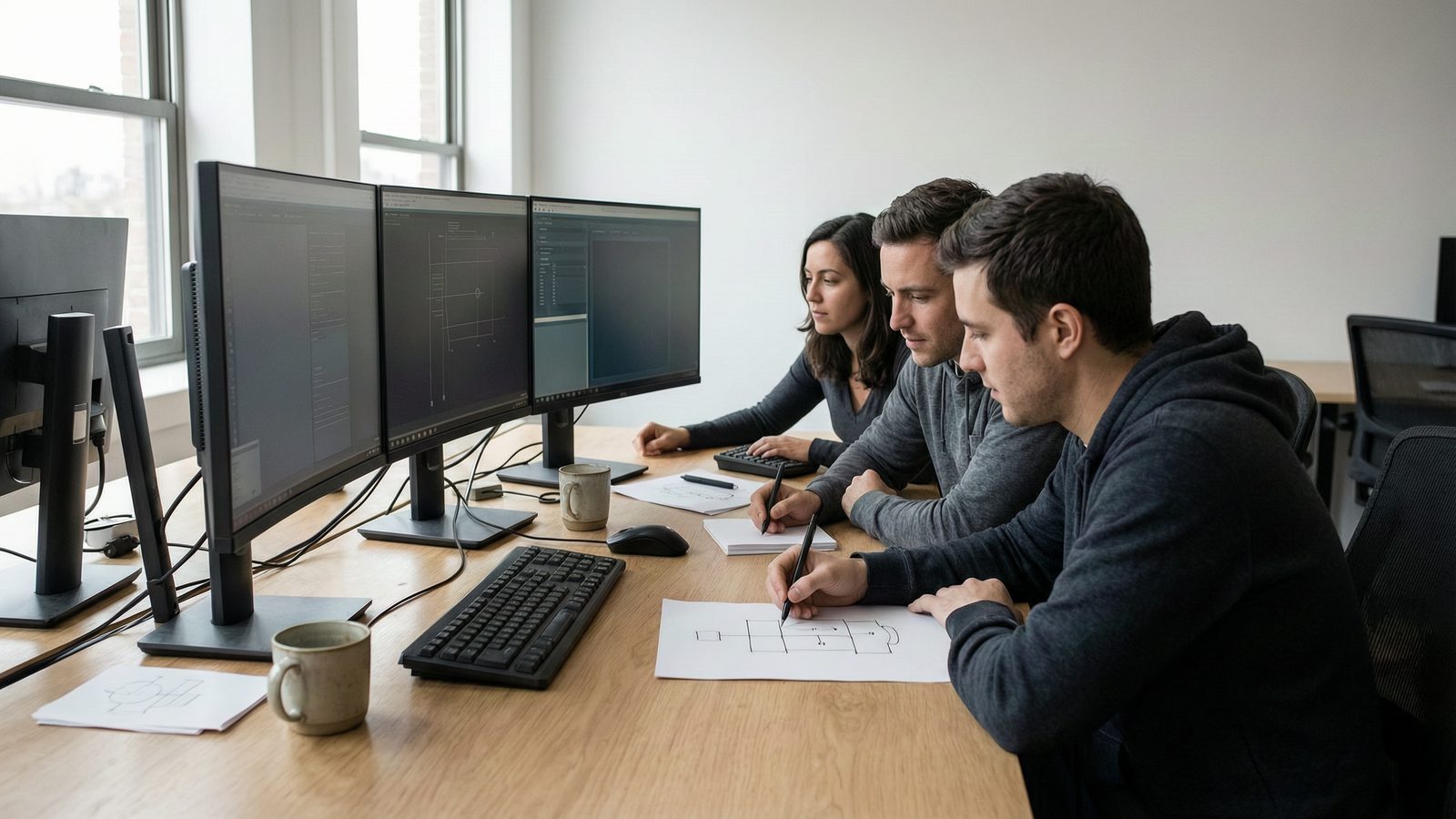 A data team of three at a shared bench of monitors, one sketching a diagram on paper.