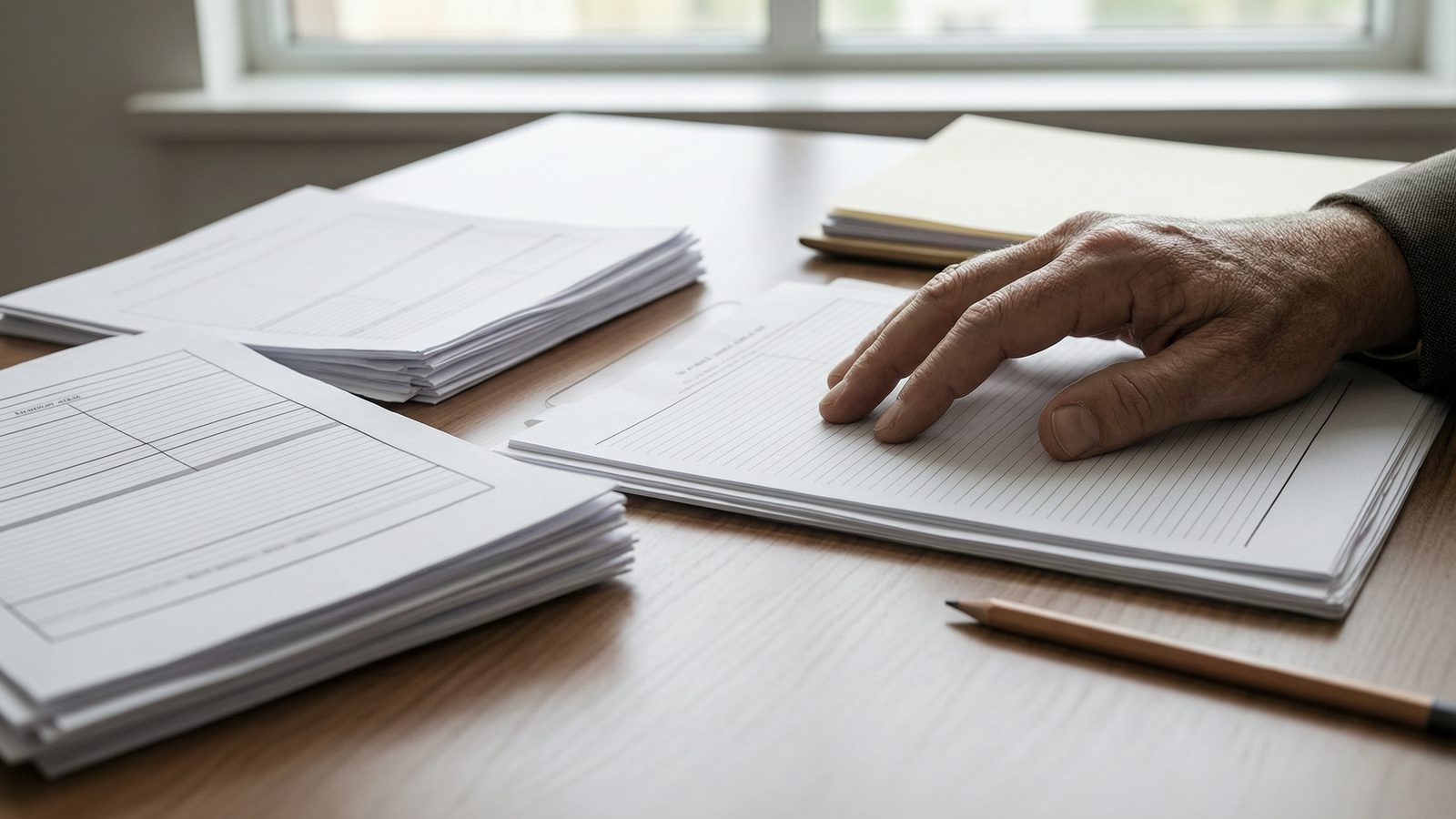 An auditor's desk from above with neatly tabbed working papers, a hand resting on a page.