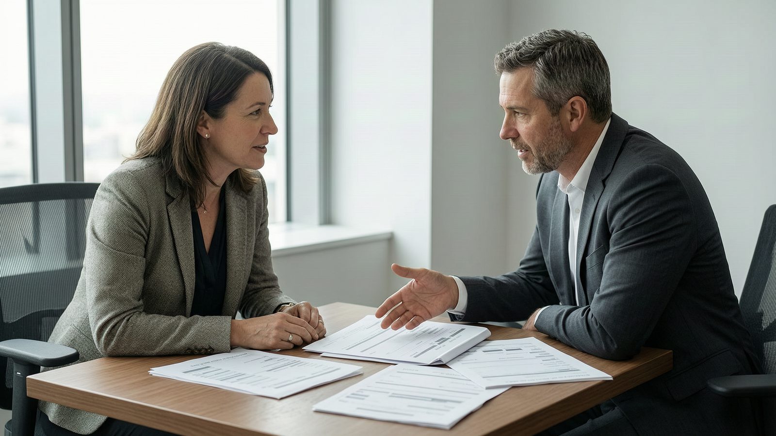 An adviser and a business owner in conversation across a table, financial statements spread between them.