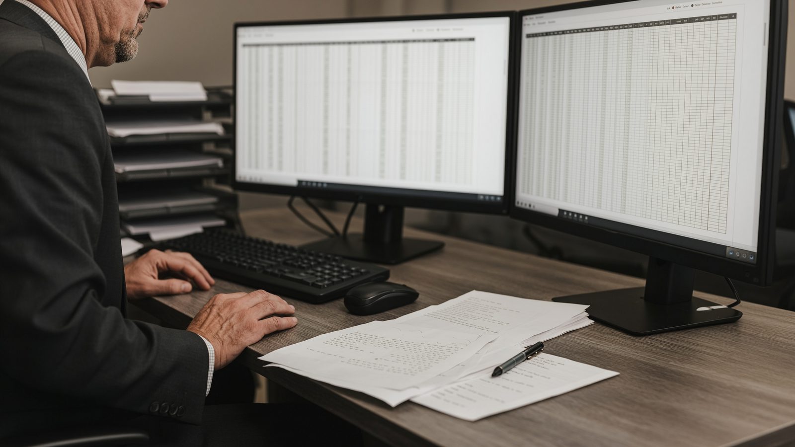An accountant between two monitors of spreadsheets, annotated printed pages beside the keyboard.