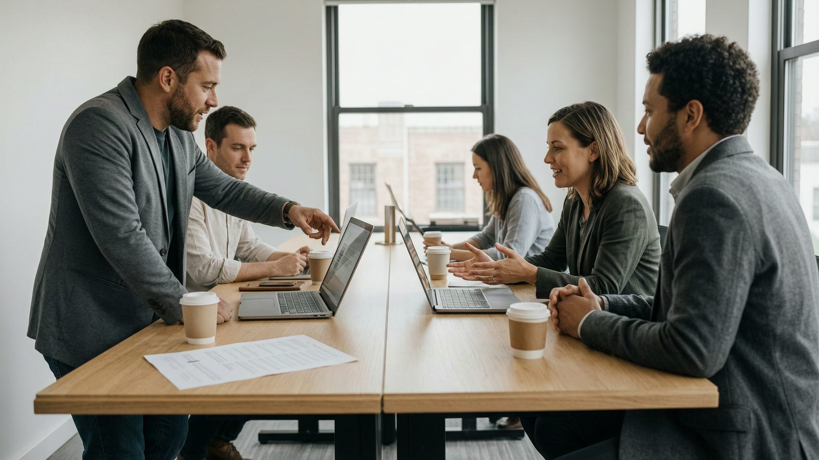 A small sales team in conversation around a standing desk, one gesturing at a laptop screen.