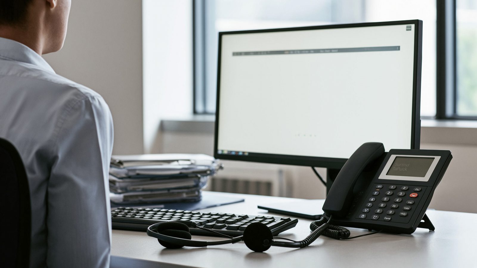 An inside-sales desk seen from behind, headset on the keyboard and a desk phone lit with a call.