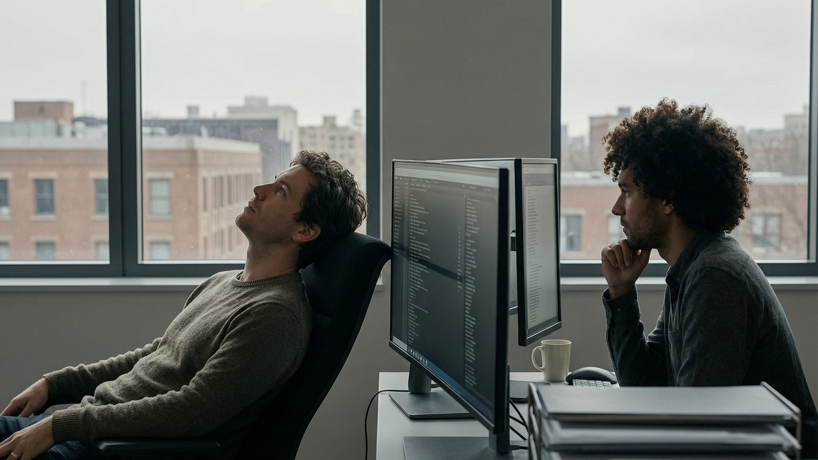 Two developers at dual monitors in a quiet office, one leaning back thinking.