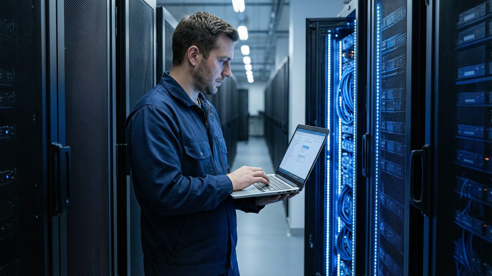 A technician with a laptop in a server aisle lit by cool blue equipment light.