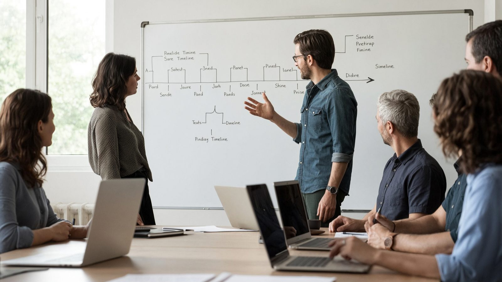A project team gathered at a whiteboard covered in a hand-drawn timeline, one person mid-explanation.