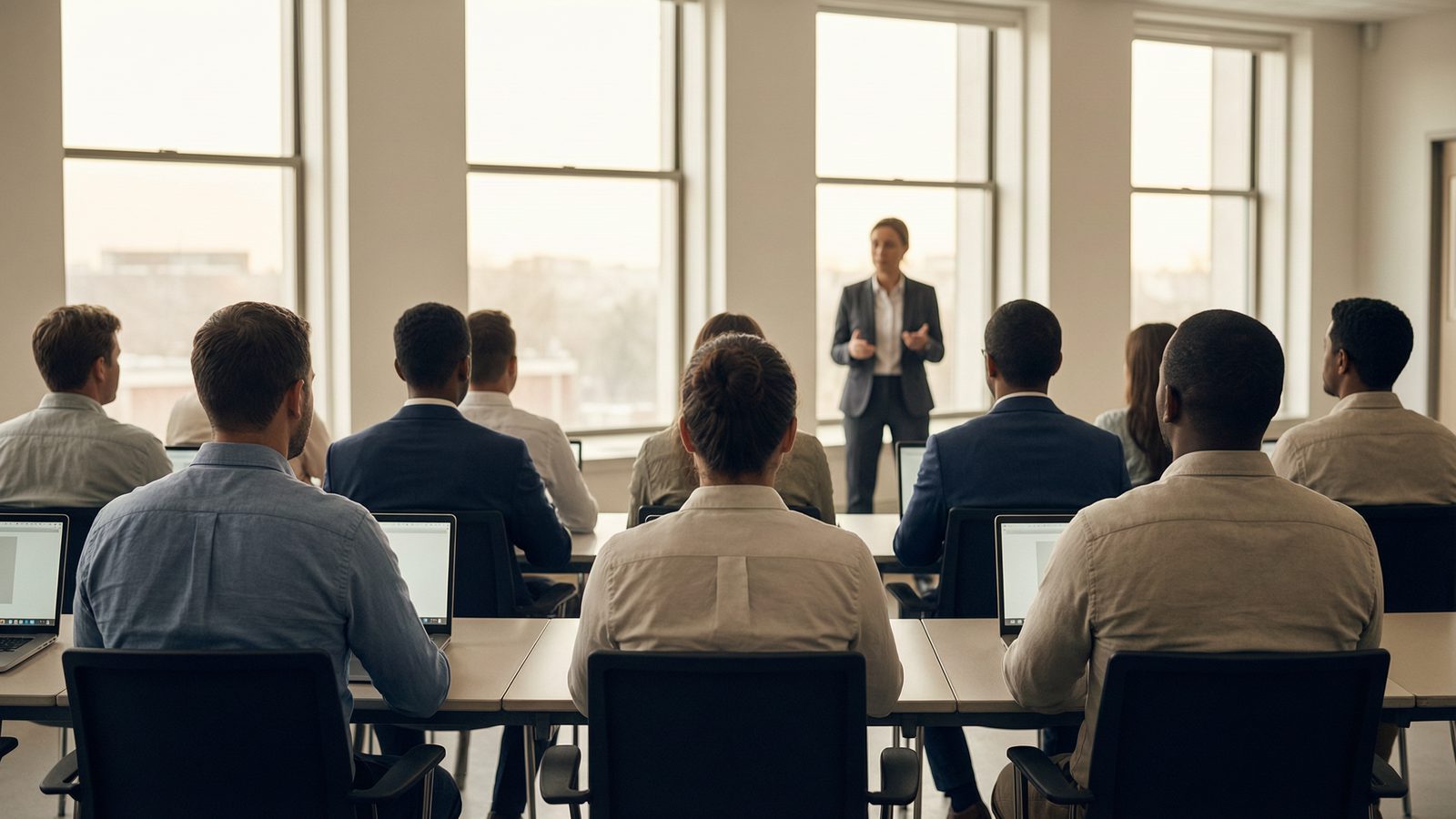 Employees at laptops in a training room following a trainer, seen from the back of the room.
