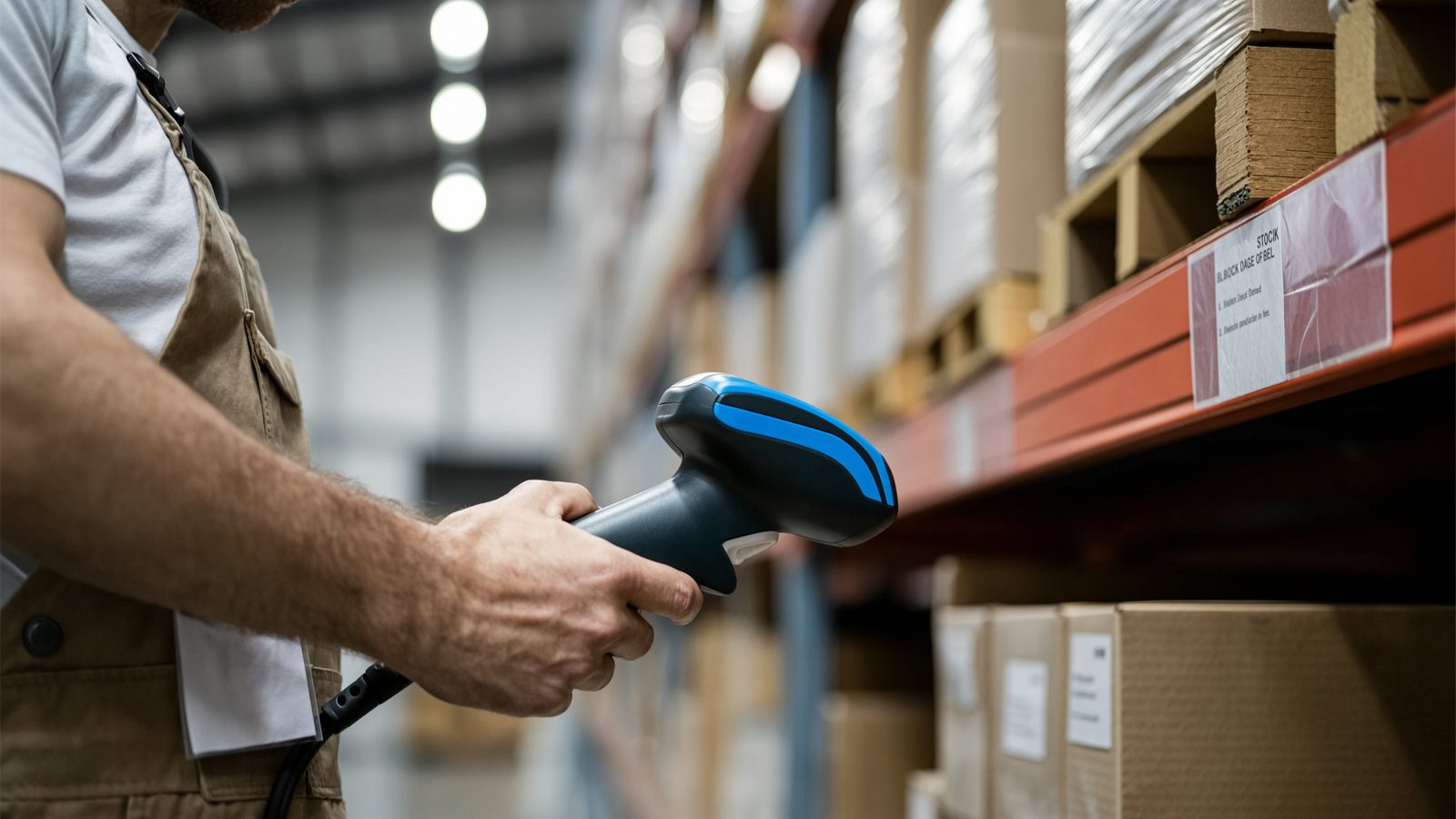 A warehouse worker scanning a shelf-edge label with a handheld barcode device.