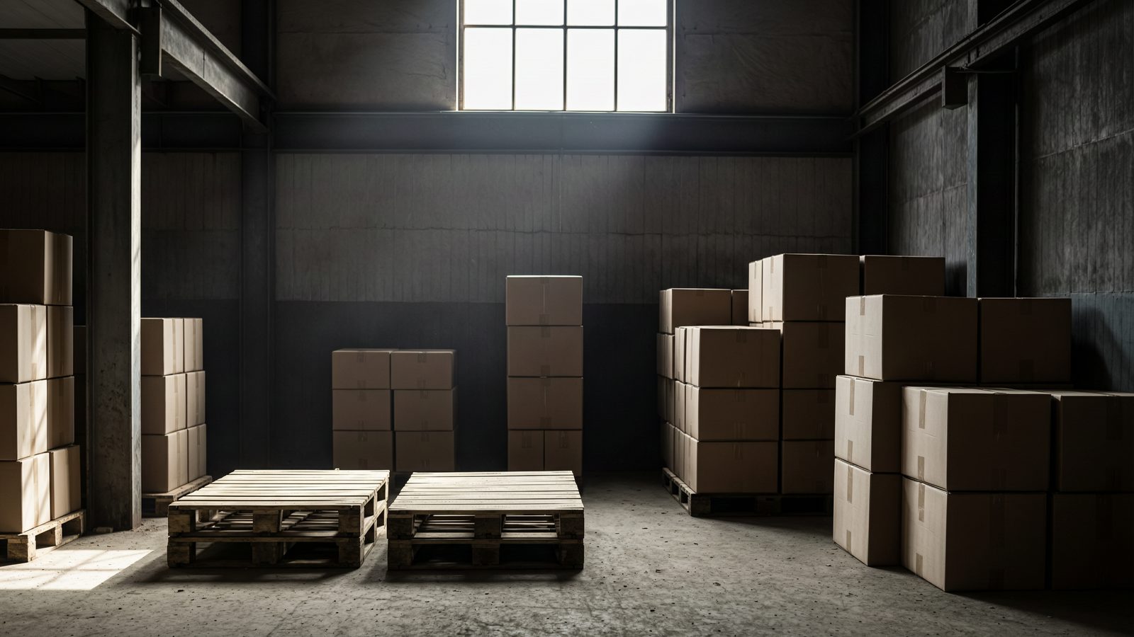 A quiet warehouse corner with dusty untouched pallets, lit by a shaft of light from a high window.