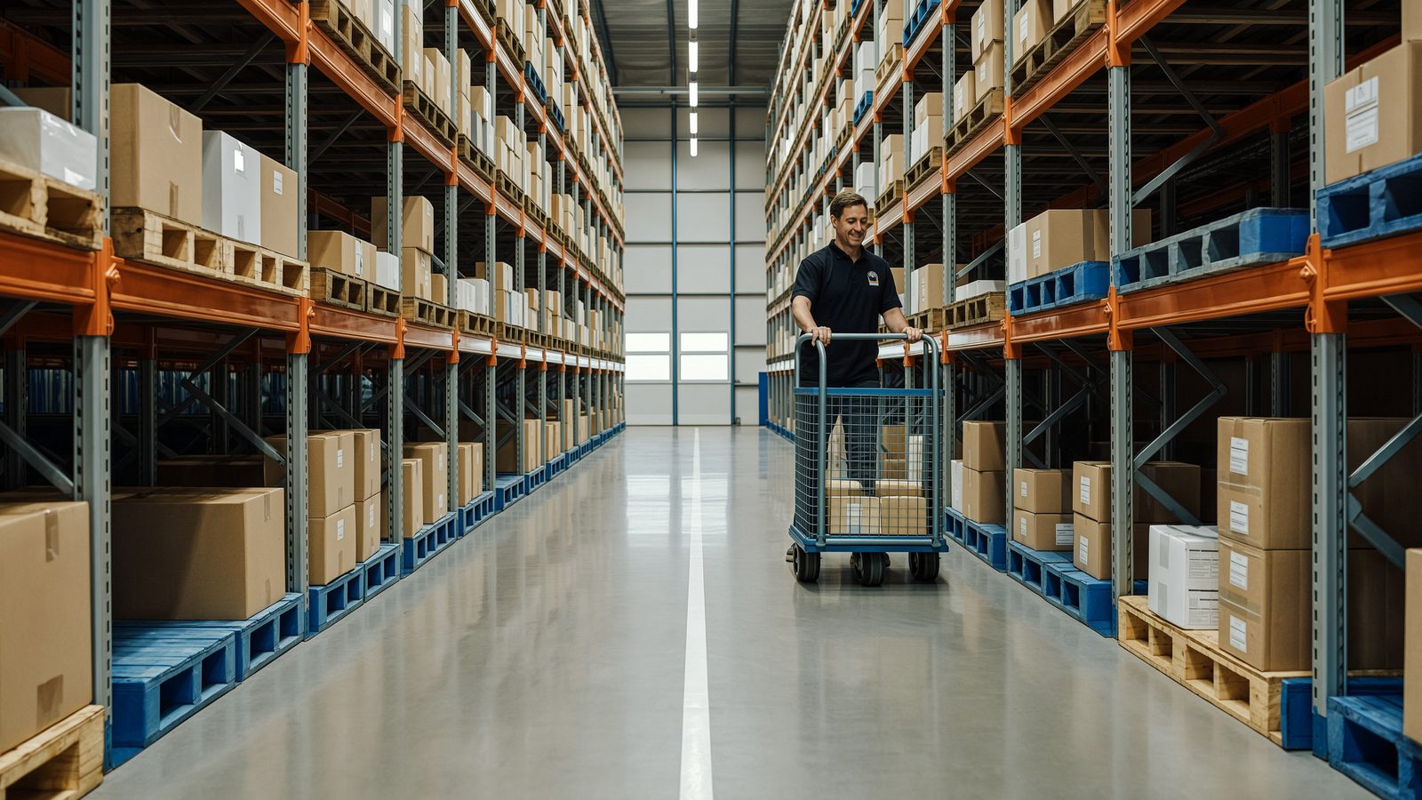 A wide view down a picking aisle, a picker with a trolley at waist-height shelving.