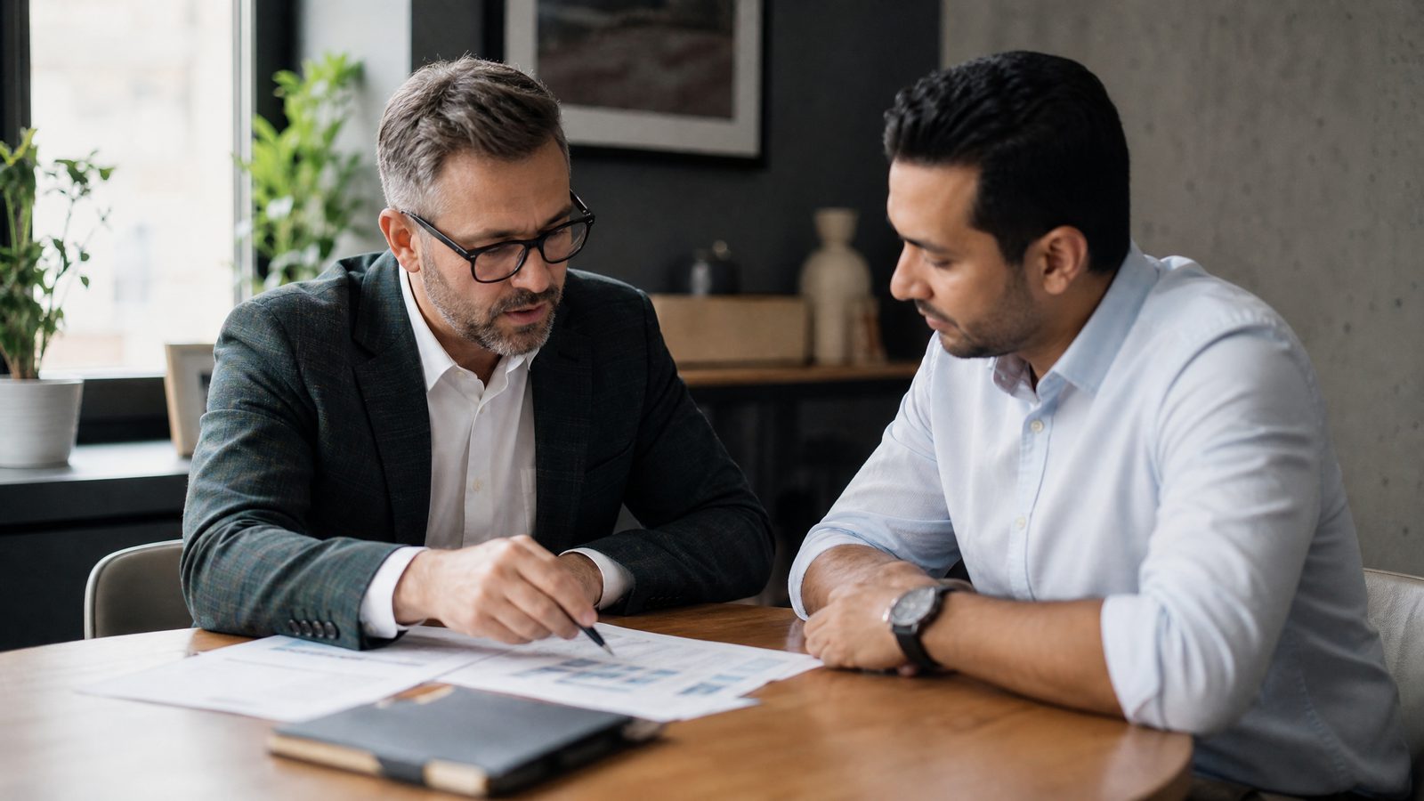 Two people seated at a table reviewing documents together, one annotating a page with a pen.
