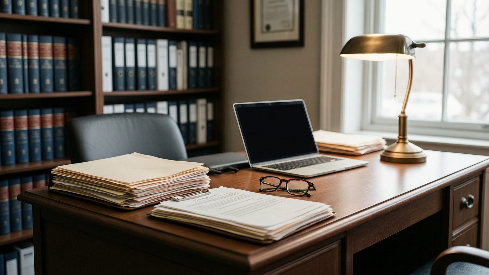 A small law office desk with open case files, a laptop, reading glasses and a warm lamp.