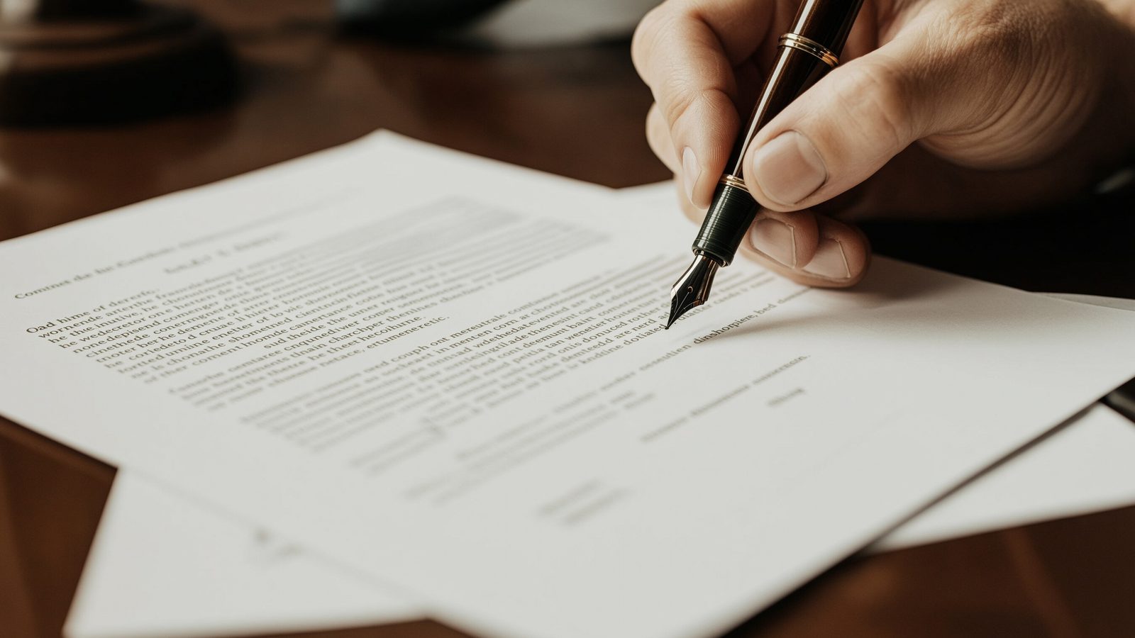 A printed contract being signed with a fountain pen, a second document waiting beneath.