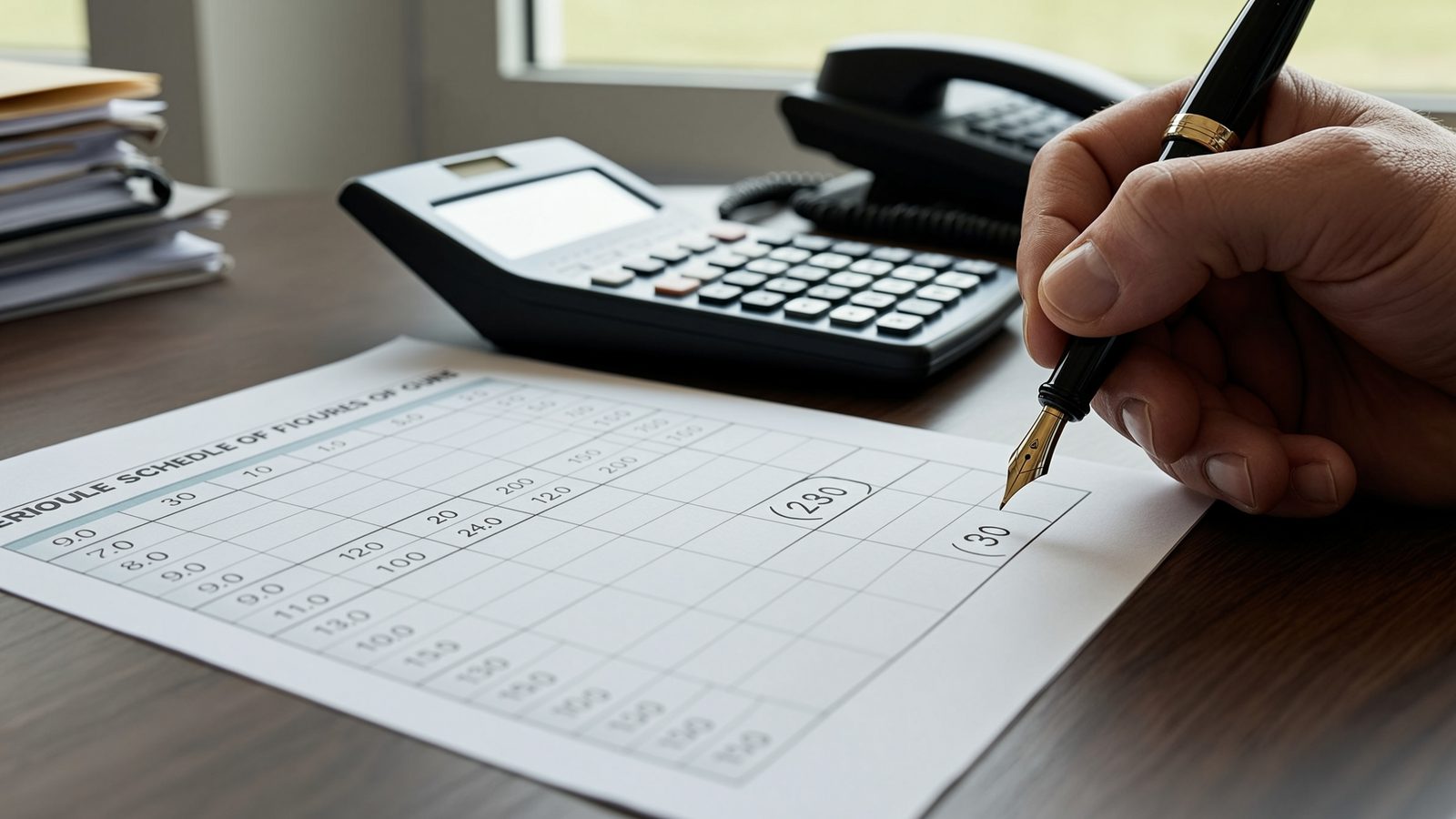A lawyer's desk with a printed schedule of figures, a calculator and a fountain pen, a hand annotating a number.
