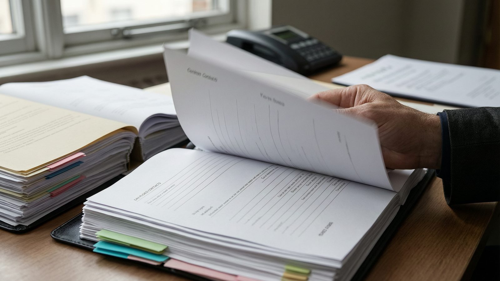 A stack of contracts with coloured index tabs, one open to a marked-up page, a hand turning a leaf.