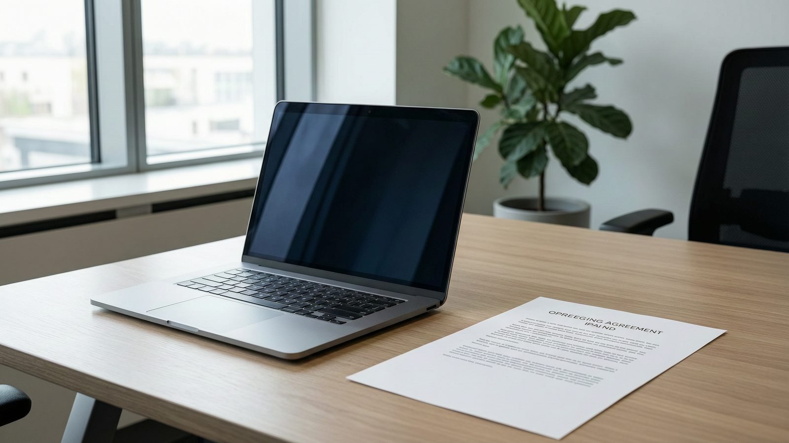 A laptop on a desk beside a printed agreement in a calm modern office.