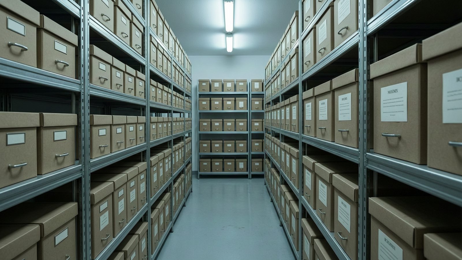 An archive room of labelled document boxes on metal shelving receding into the distance.