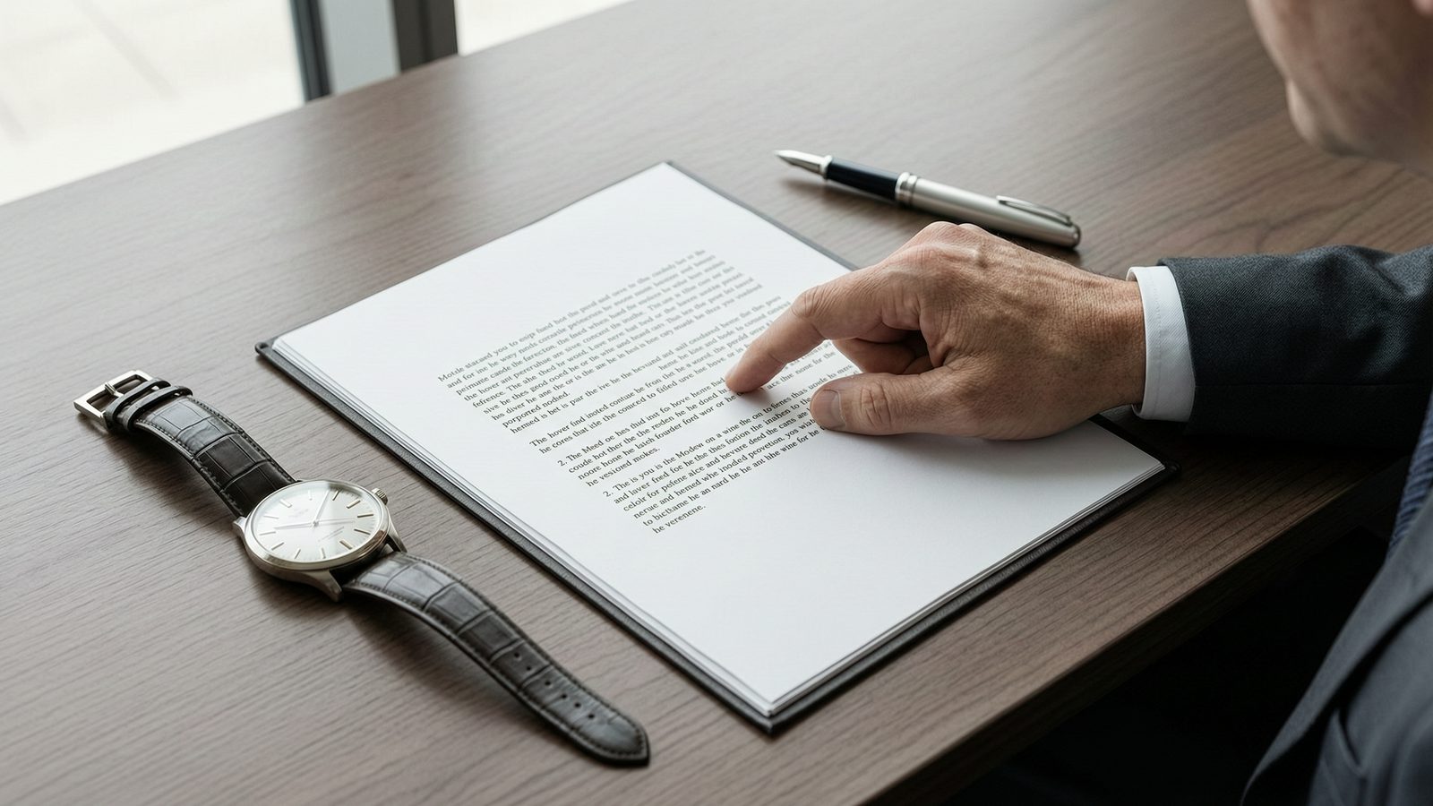 A two-page agreement on a desk beside a wristwatch and a pen, a hand scanning a paragraph.
