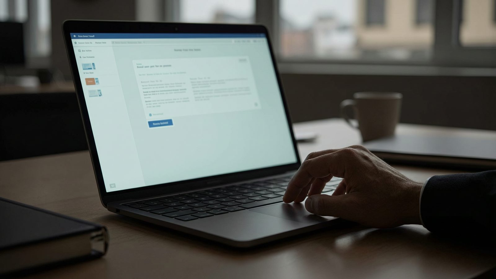 A laptop in a dim office showing an out-of-focus email interface, a hand paused over the trackpad.