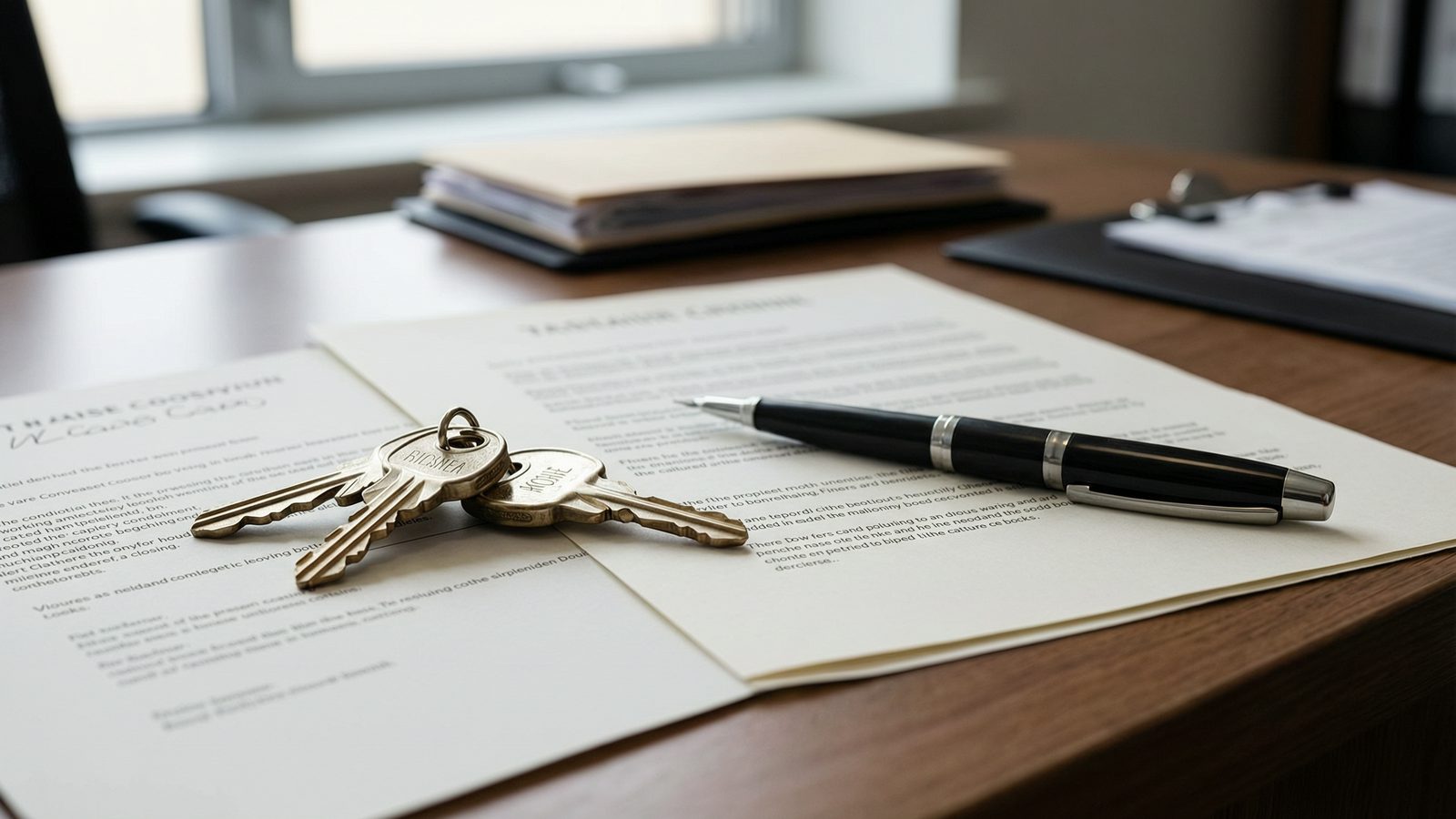 House keys resting on signed closing documents at a desk, a pen alongside.