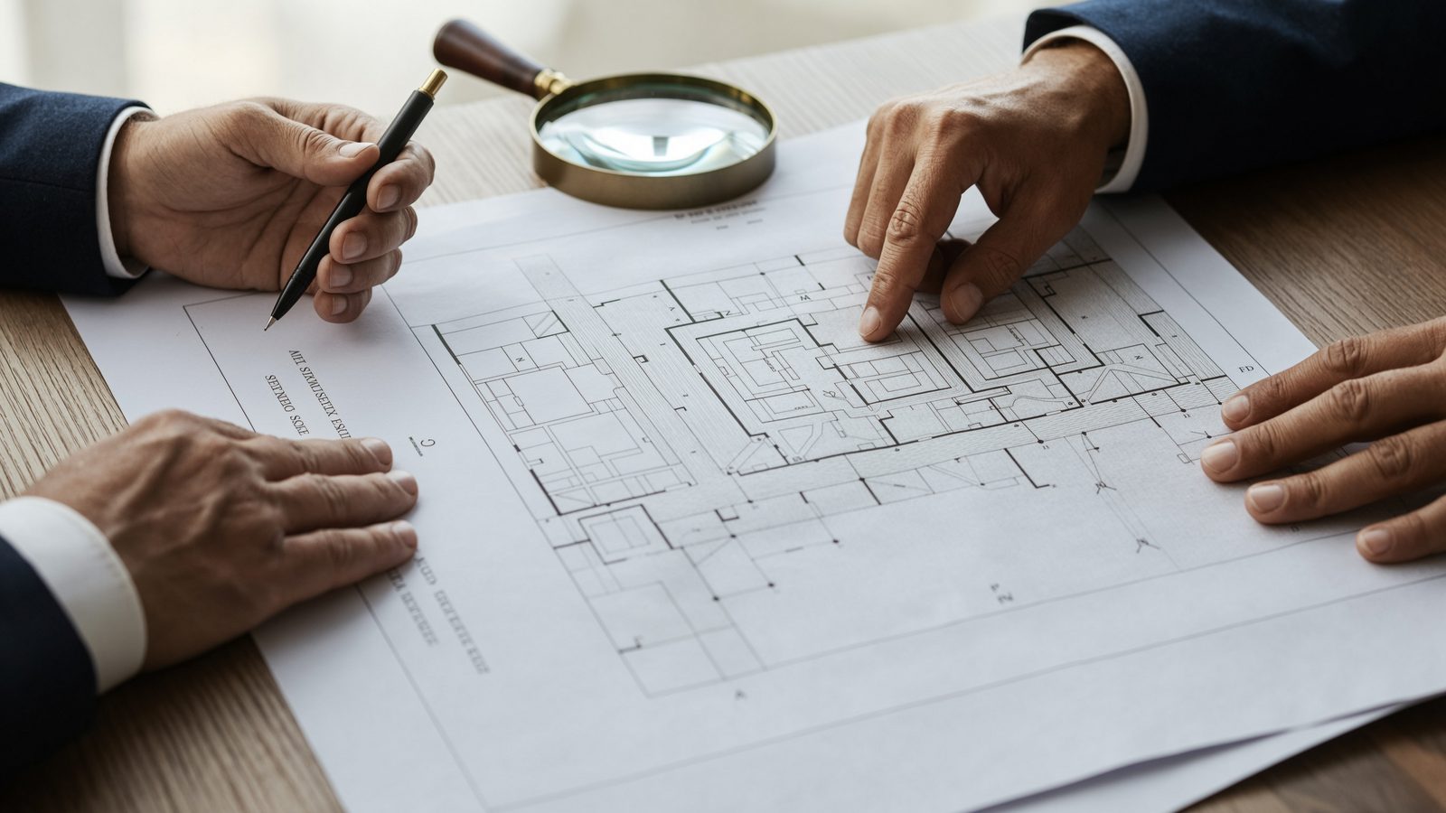 A property deed and survey plan spread across a desk with a magnifying glass, hands examining the plan.