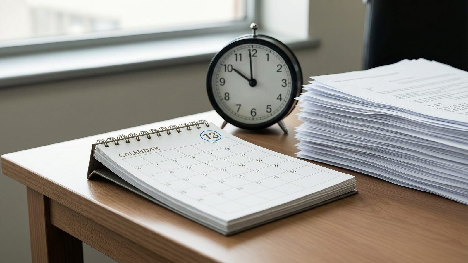 A desk calendar with a circled date beside a stack of paperwork and a small clock.