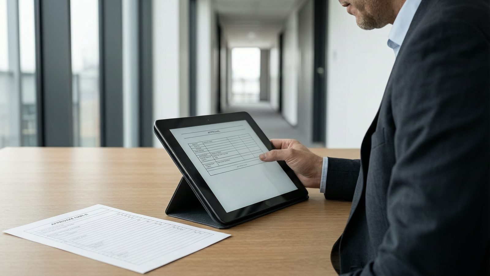 A manager at a desk reviewing an approval on a tablet, a paper form beside it.