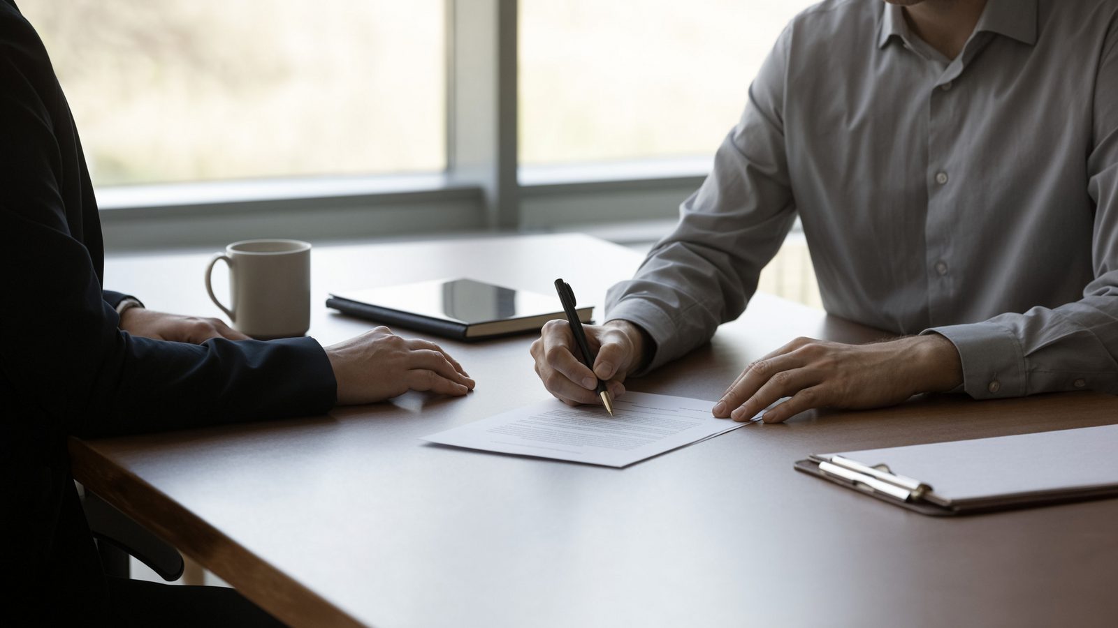 Two people across a meeting table signing an agreement, hands and documents in focus.