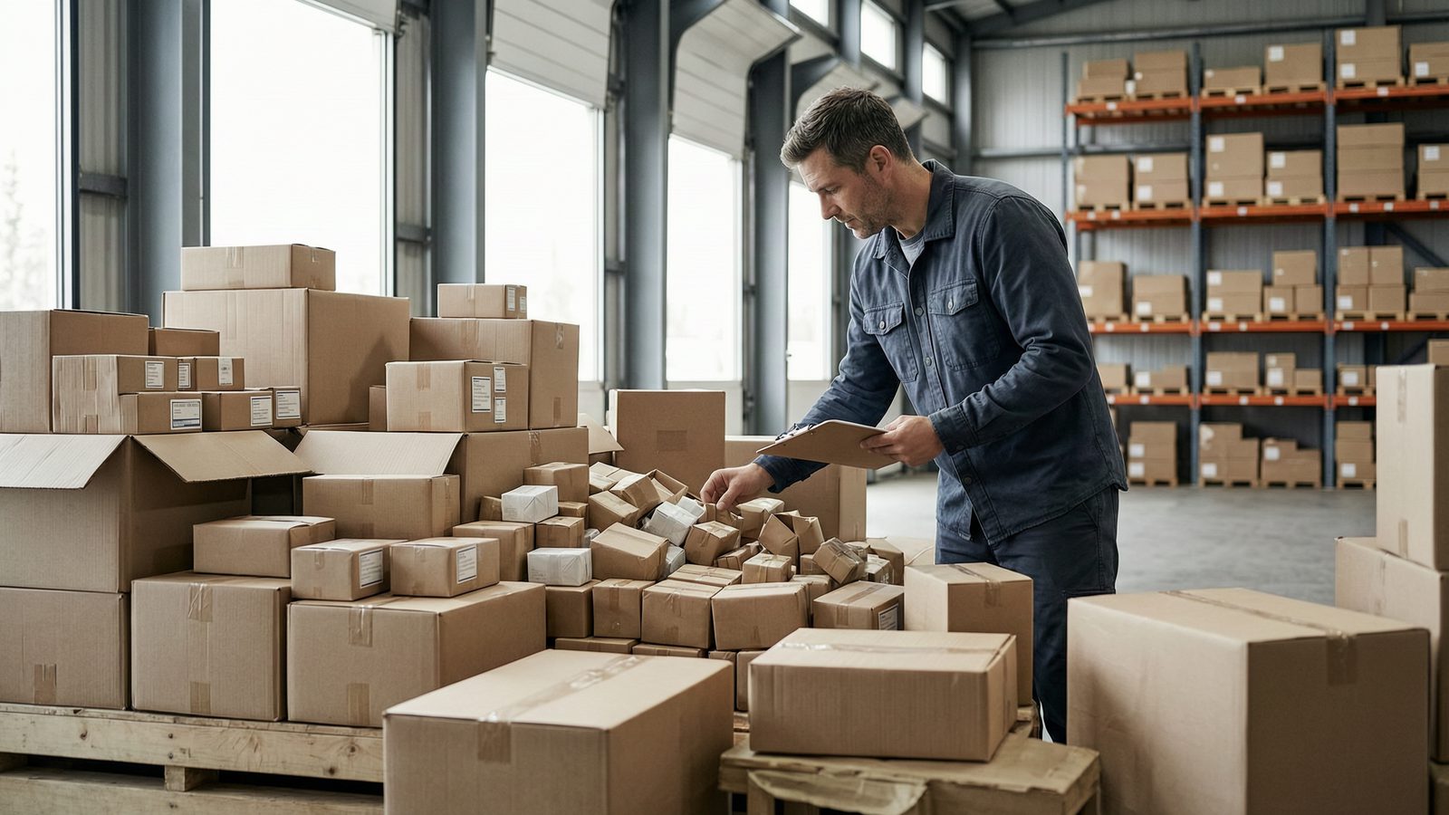 A warehouse receiving bay with many small assorted parcels, a worker checking them with a clipboard.