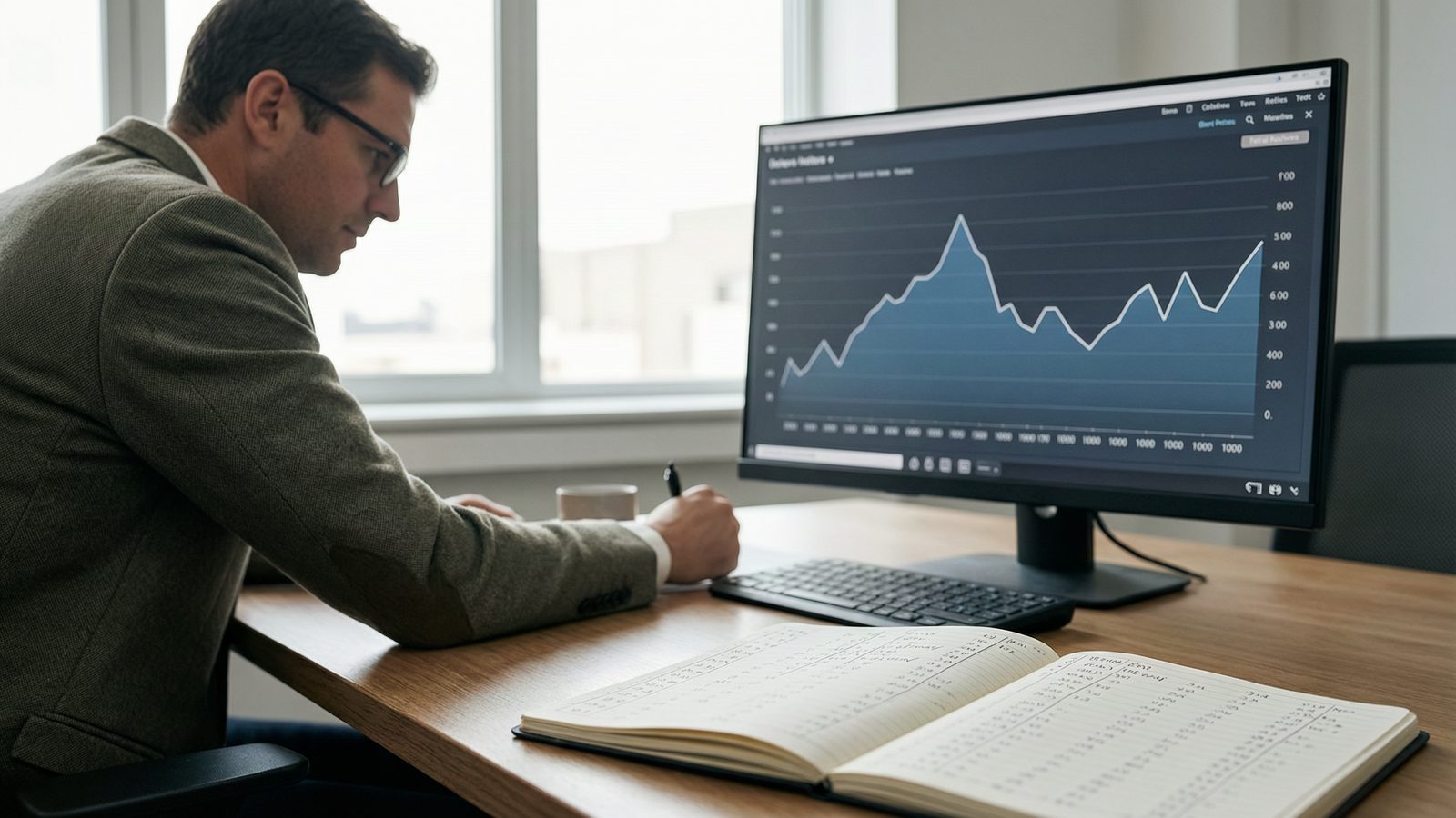 An analyst studying a line graph on a large monitor, a notebook of handwritten figures in front.
