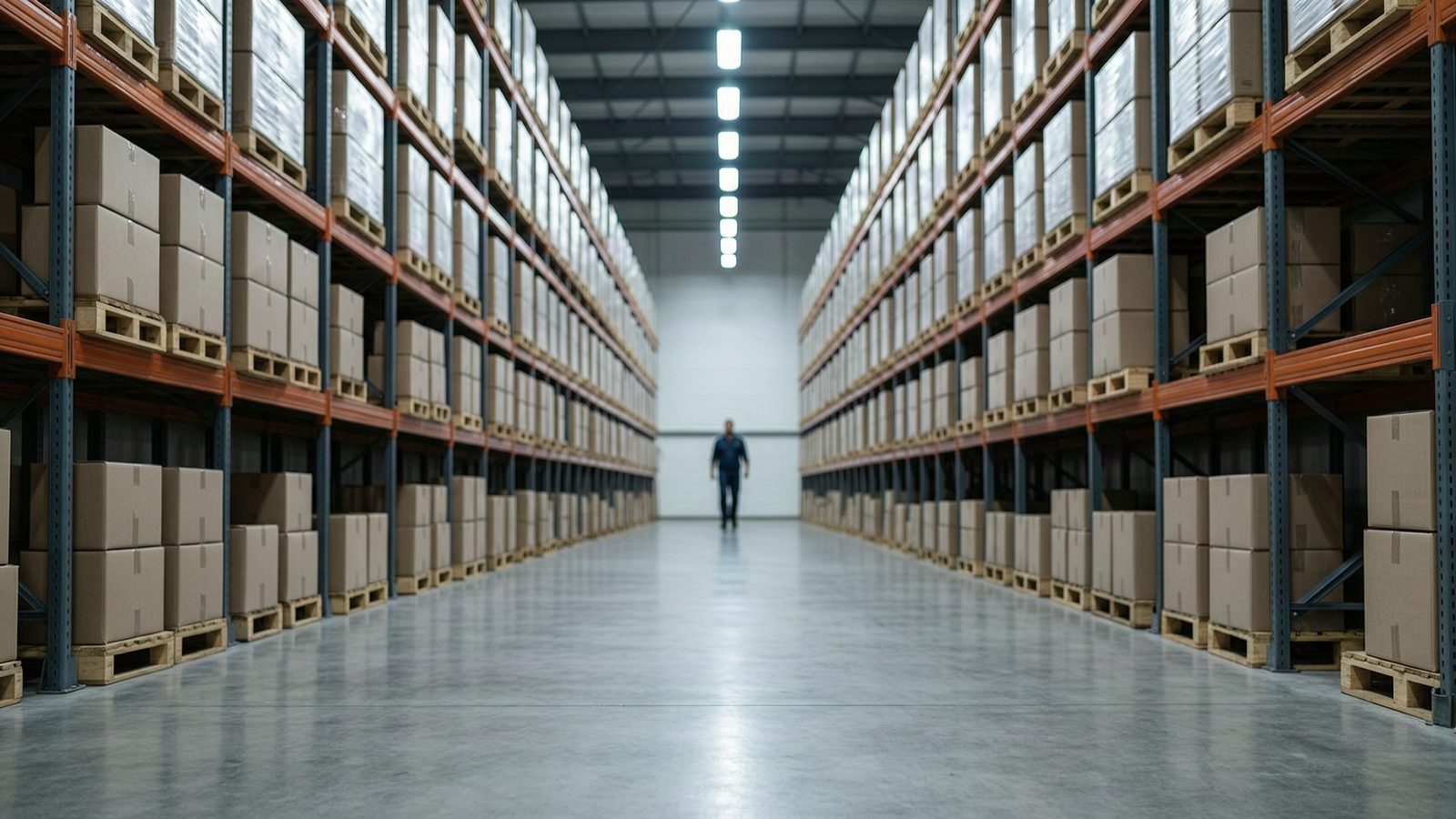A long warehouse aisle of stacked pallet shelving receding into the distance, one worker far away.