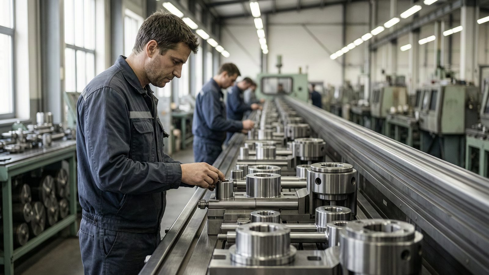A machine operator working on a factory production line, precision components in the foreground.