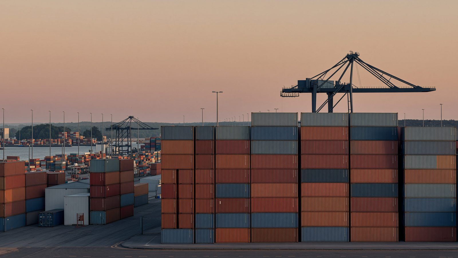 A container port at dusk with stacked shipping containers and a gantry crane.